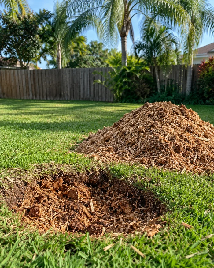 Stump ground below grade in a lawn with a pile of fresh wood chips beside it